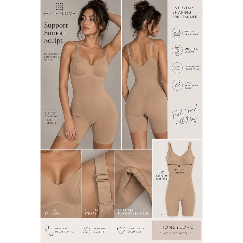 Honeylove Shapewear Bodysuit XL Nude Built In Bra Tummy Control Mid Thigh